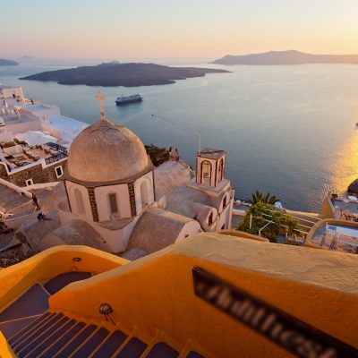 Panoramic view of Santorini caldera at sunset
