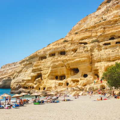 Crete Island Greece Panorama of Matala Beach.