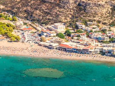 Matala beach at Crete Island Greece, With Azure Clear Water 1.
