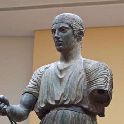 Charioteer statue located at Delphi museum in Greece.