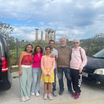 Antonis Seretis and Carin at Ancient Corinth 1 with Patel Family from US.